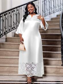 SHEIN Lady 大码女式V领拼接腰果蕾丝七分袖宽松优雅连衣裙 - 白色 - 查看 4