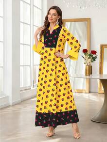 SHEIN Najma Women's Floral & Plant Print Colorblock V-Neck Long Sleeve Elegant Arabic Style Dress, Suitable For Spring And Autumn