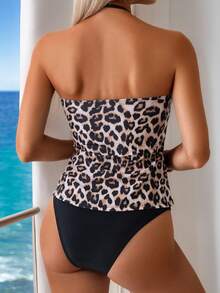 Swim Lushoire 2pcs Sexy Leopard Print Lace Bikini Set, Spaghetti Strap Crop Top And Swimsuit, European And American Style Beach Swimwear - Multicolor - View 3