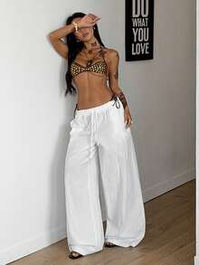 Coolane Women's White Woven Drawstring Waist Casual Pants - White - View 5