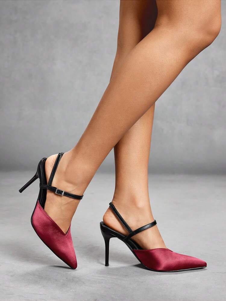 CUCCOO SZL Women's Pointed Toe High Heel Satin Party Shoes, Burgundy Color, Sexy Design Suitable For Christmas, New Year Party, Date Night