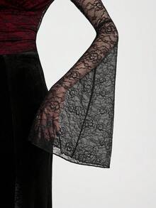 Breakform 女士哥特式优雅方领撞色蕾丝喇叭袖修身露脐上衣，红色针织面料 - 紅色和黑色 - 查看 7