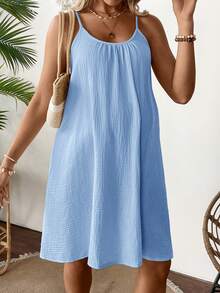 SHEIN Maternity Solid Color Ruched Casual Cami Dress - Blue - View 4