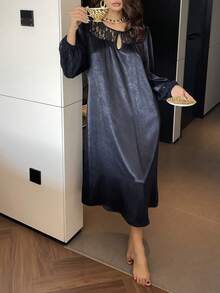 DAZY Charming Sheer Lace Patchwork Satin Glossy Teardrop Hollow Neck Puff Sleeve Mid-Length Women Nightgown - Navy Blue - View 7