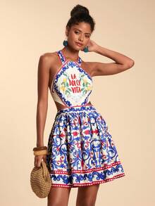 Travachic Đầm cổ yếm thời trang in chữ và trái cây dành cho nữ, thích hợp cho kỳ nghỉ. - Nhiều màu - Xem 5