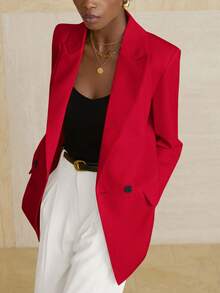 Aveloria Modichic Women's Business Style Solid Color Double-Breasted Blazer Jacket For Commuting, Autumn  - Red - View 3