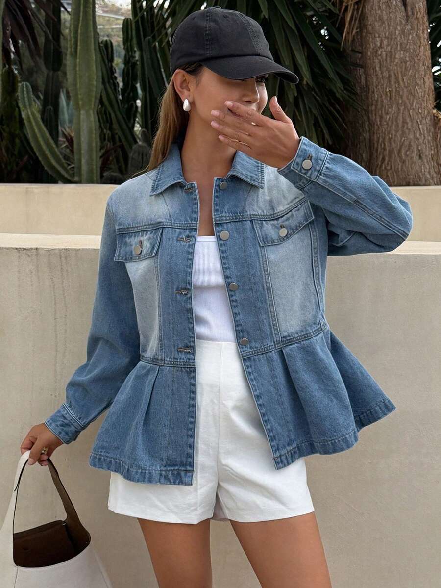 DAZY Women's Collared Cinched Waist Fold-Up Hem Long Sleeve Casual Denim Jacket - Medium Wash - View 1