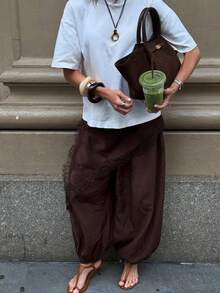 Siren Gaze New Spring Style Brown Faux Two-Piece Culottes For Women, Asymmetrical Lace-Trimmed Lantern Pants, Fashionable Travel Wear, Casual Trousers. Summer