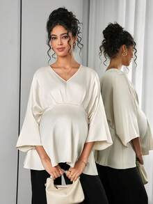Momance Camisa elegante de maternidad de unicolor con mangas de murciélago y cintura alta para ir al trabajo - Albaricoque - Ver 2