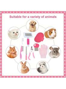 8 Pieces/Set Pink Rabbit Grooming Kit With Nail Clippers, Flea Comb, Shampoo Bath Brush & Massage Gloves - PP Material For Small Pets - Multicolor - View 5