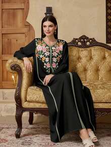 Al Najma Modest Vacation Style Floral Print Flare Sleeve Loose Arabic Dress - Multicolor - View 3