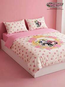 THE POWERPUFF GIRLS X Joivida 3件套粉色玫瑰卡通图案床上用品套装，乡村风格，适用于单人床/双人床/大床/特大床，宿舍/家居礼品之选 - 粉色 - 查看 1