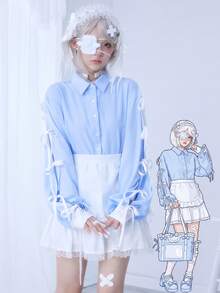 ROMWE EDITION Áo sơ mi dài tay kẻ sọc trang trí nơ dễ thương kiểu Kawaii dành cho nữ - Màu xanh lam - Xem 1