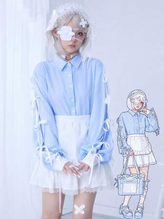 EDITION Camisa de manga larga para mujer con decoración de lazo y rayas, estilo Kawaii