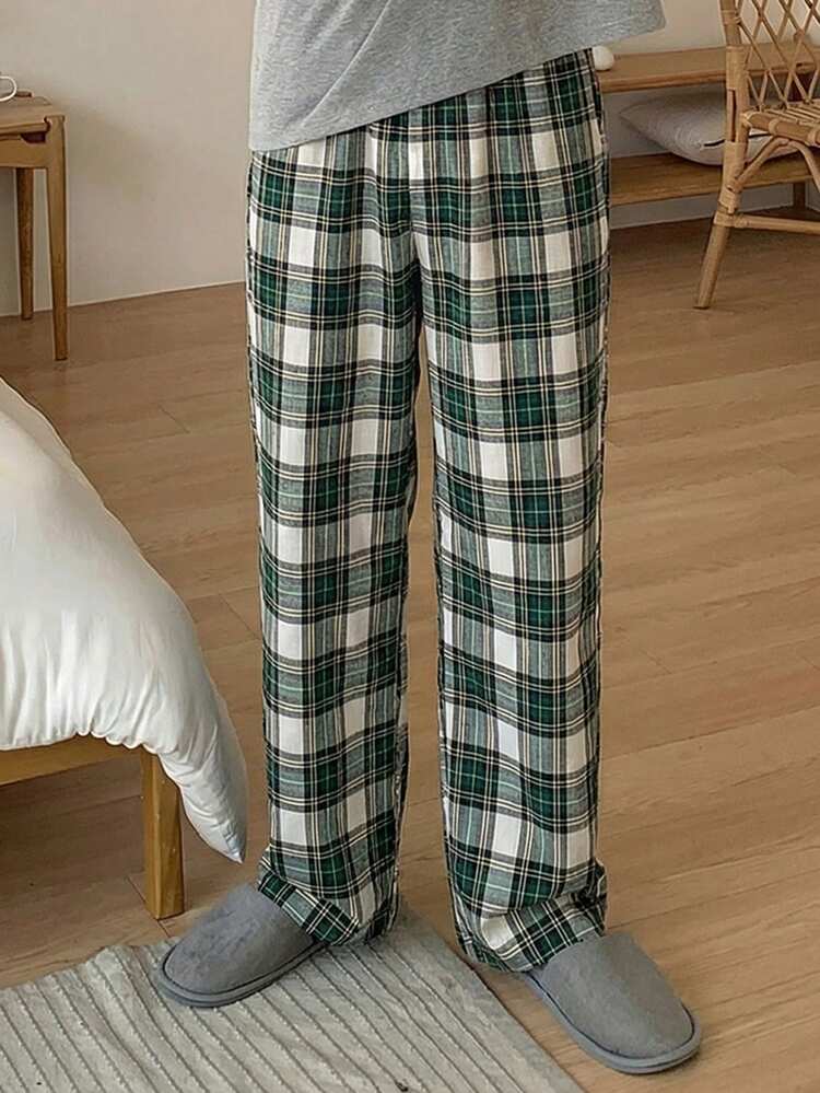 Men's Spring Plaid Green Elastic Waist Lounge Pants