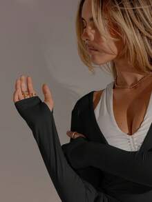 Aralina Camiseta deportiva casual de manga larga con envolvente y nudo delantero para mujer - Negro - Ver 4