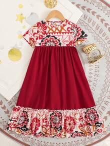 SHEIN Summer Floral Pattern & Solid Color Button Back Neck Dress - Multicolor - View 4