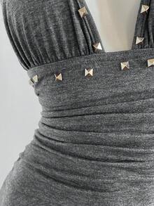 Elamini Sexy Retro Minimalist V-Neck Ruffle Hem Waist Cinched Dress For Women - Dark Grey - View 6