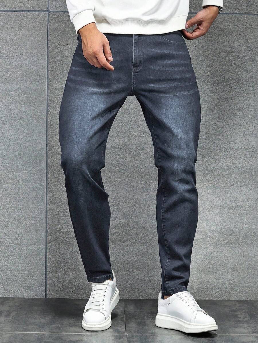 Manfinity Homme Quần jean denim nam cỡ lớn màu xanh đậm cổ điển dáng ôm, phong cách retro thường ngày, đa năng. - Rửa nhẹ - Xem 1