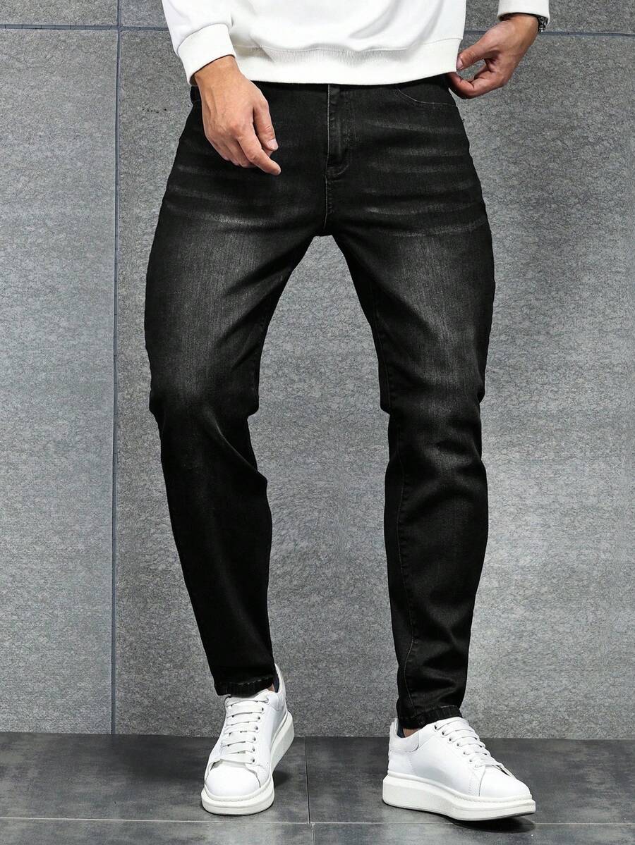 Manfinity Homme 加大码男士经典深蓝色修身复古休闲牛仔裤,四季皆宜 - 黑色 - 查看 1