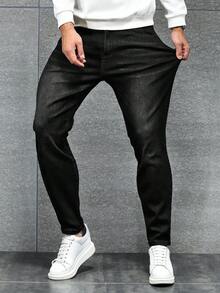 Manfinity Homme 加大码男士经典深蓝色修身复古休闲牛仔裤，四季皆宜 - 黑色 - 查看 5