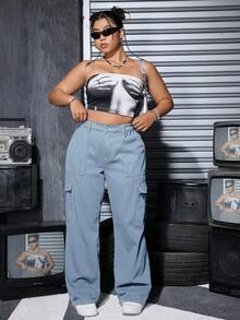 Jeans cargo lavados con cintura elástica, talla grande - Lavado ligero - Ver 4