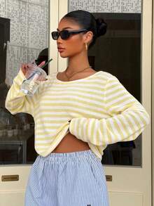 Muchica Women's Spring/Summer New Knitted Striped Loose Off-Shoulder Long Sleeve Cropped T-Shirt For Going Out Outfits, Streetwear, Y2K Clothes,Spring Clothing Off The Shoulder Long Sleeve Cute Yellow Top - Light Yellow - View 5