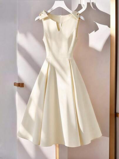 GlowEve Women's Solid Color V-Neck Sleeveless Dress With Bow Shoulder Decoration, Elegant