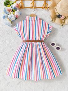 Elladie kids Đầm sơ mi dáng rộng, vai rớt, kẻ sọc nhiều màu sắc, cổ bẻ, cài cúc phía trước dành cho bé gái, kèm thắt lưng thời trang, thích hợp cho mặc hàng ngày hoặc thoải mái trong các kỳ nghỉ. - Nhiều màu - Xem 2