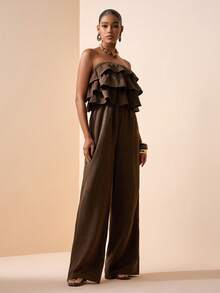 Zivah 女士纯色荷叶边拼接复古休闲连体裤阔腿裤 - 咖啡棕 - 查看 6