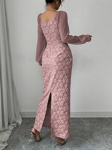 Modelyn Đầm ôm sát cơ thể thanh lịch dành cho nữ, chất liệu jacquard phối họa tiết dây xích. - Bụi hồng - Xem 2