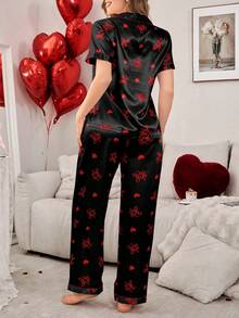 SHEIN 蝴蝶结樱桃印花翻领开衫仿丝绸女士睡衣套装 - 黑色 - 查看 2