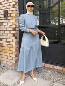 DAZY Women's Elegant Mandarin Collar Puff Sleeve Blouse & Asymmetrical Hem Skirt 2-Piece Set, Spring/Summer - Blue - View 6