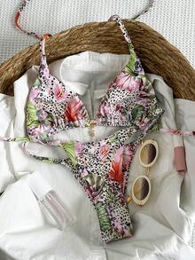 Elavelle Bộ bikini gợi cảm cổ yếm in họa tiết ngẫu nhiên dành cho nữ, trang phục đi biển mùa hè. - Nhiều màu - Xem 4