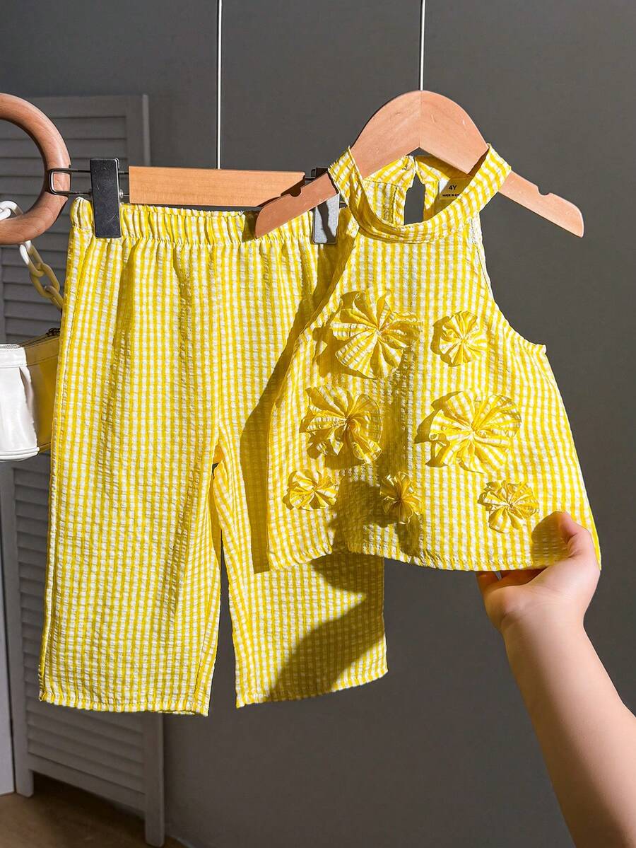 Toddler Blue & White Striped Halter Top & 3D Flower Long Pants T-Shirt Set, Suitable For Travel, Vacation, And Daily Wear - Yellow - View 1