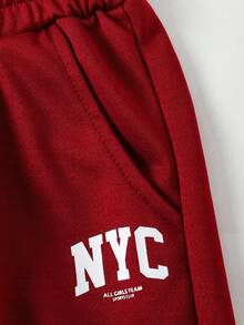 SHEIN Casuvi Kids 少女休闲运动裤，简约logo图案撞色口袋装饰连帽针织慢跑裤，宽松阔腿长裤 - 酒紅色 - 查看 7