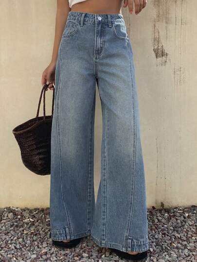 DAZY Women's Regular Waist Loose Wide Leg Jeans With Stylish Hem Design, Casual Street Style