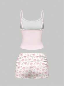 ROMWE Kawaii Bộ đồ ngủ gồm áo hai dây ren và quần short xếp ly in hình thỏ, bướm và hoa dễ thương và duyên dáng, thích hợp mặc ở nhà. - Hồng - Xem 2