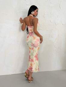 SHEIN PETITE Đầm mini dáng chữ A thanh lịch, hở lưng, in họa tiết hoa tử đằng, điểm nhấn nơ, thích hợp cho những buổi hẹn hò lãng mạn, tiệc tùng, các sự kiện trang trọng, đầm phù dâu, đầm sinh nhật, mùa xuân/hè. - Vàng nhạt - Xem 3