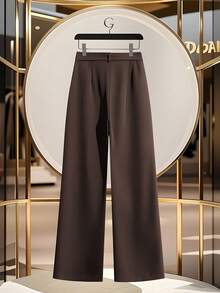 SHEIN Tall 女士时尚口袋装饰收腰阔腿直筒裤，优雅百搭 - 咖啡棕 - 查看 2