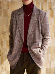 Manfinity Dauomo Vintage Coin Pattern Plaid Woolen Casual Men Jacket - Khaki - View 3