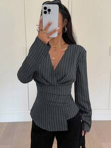 Siren Gaze 女士条纹束腰长袖衬衫，秋冬款 - 深灰色 - 查看 3