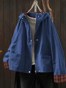 EMERY ROSE Chaqueta casual holgada con capucha de manga larga y unicolor, versátil para uso diario en tallas grandes - Azul - Ver 1