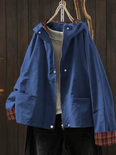 Linhara Short Blue Casual Plus Size Coat With Raglan Sleeves Hooded Neckline And Plaid Details