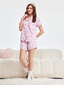 Bonmuse 女款夏季愛心印花短袖上衣與短褲睡衣套裝 - 藕粉色 - 查看 3