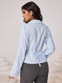 Aidyla 女士蓝色条纹编织收腰褶裥休闲衬衫，春夏款 - 藍色 - 查看 2