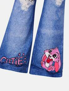 SHEIN 2pcs/Set Young Girls Light Pink Summer Cartoon Rabbit Print Short Sleeve Tee Top With Drawstring Sides And Graphic Flare Pants,Kids Fashionable Set - Pink - View 11