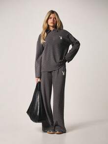 Missguided x Playboy 条纹两件套家居服，拉链领上衣搭配阔腿裤，秋冬休闲穿搭。 - 彩色 - 查看 6