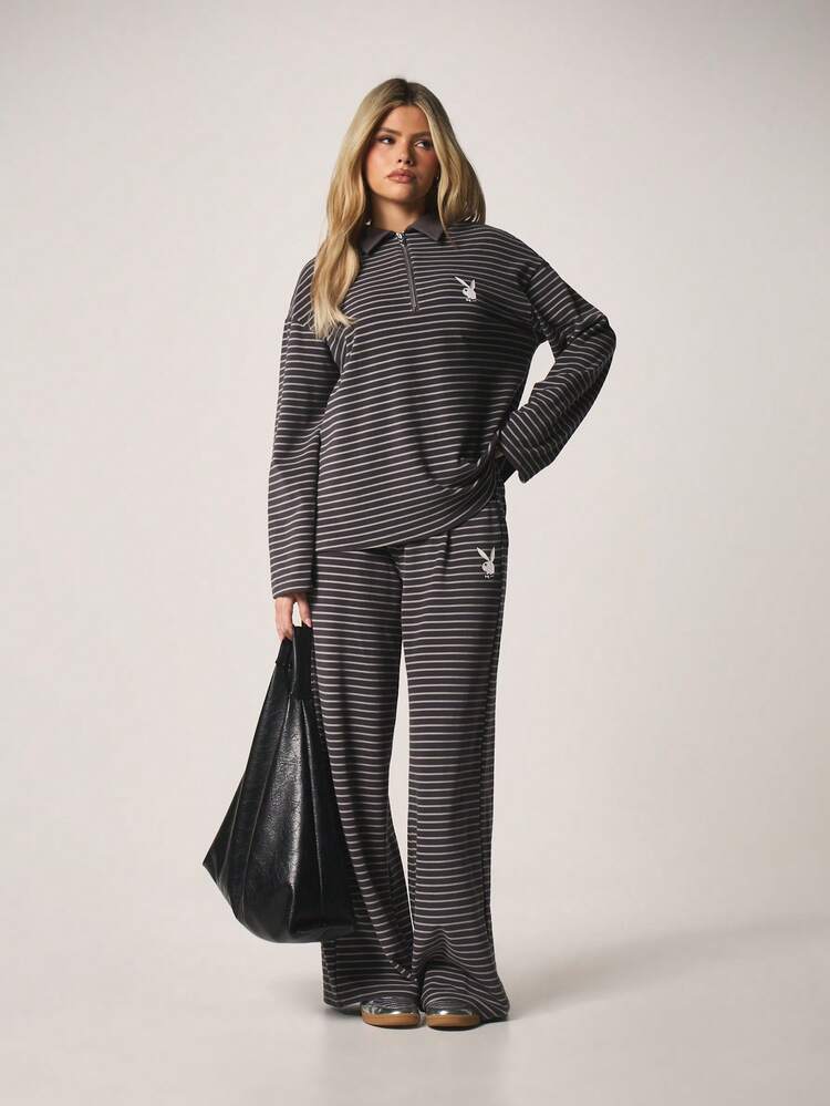 Missguided x Playboy Striped Two Piece Lounge Set With Zip Neck Top And Wide Leg Palazzo Pants Matching Coordinates Casual Outfit Fall Winter