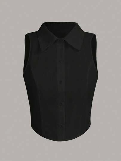 SHEIN EZwear Camisa sin mangas tejida negra para mujer, nueva llegada de primavera/verano, blusas de trabajo para mujer, blusas y tops para mujer